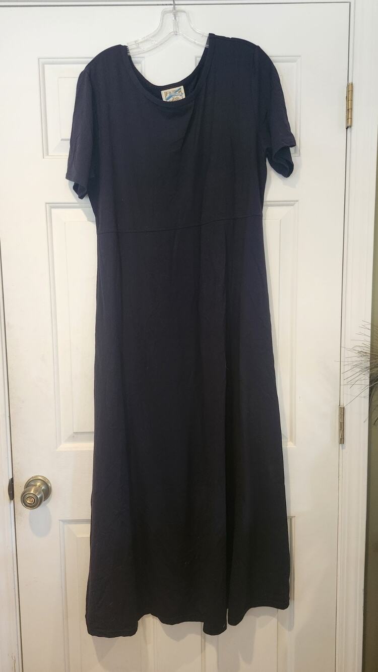 Vintage TravelSmith Navy Black Short Sleeve Maxi Dress Packable Empire L #227